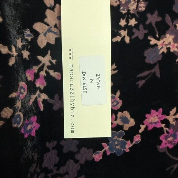 Paparazzi Velour V Neck Tank Top Women M Black Multi Floral Boho Whimsical Goth - Picture 4 of 5